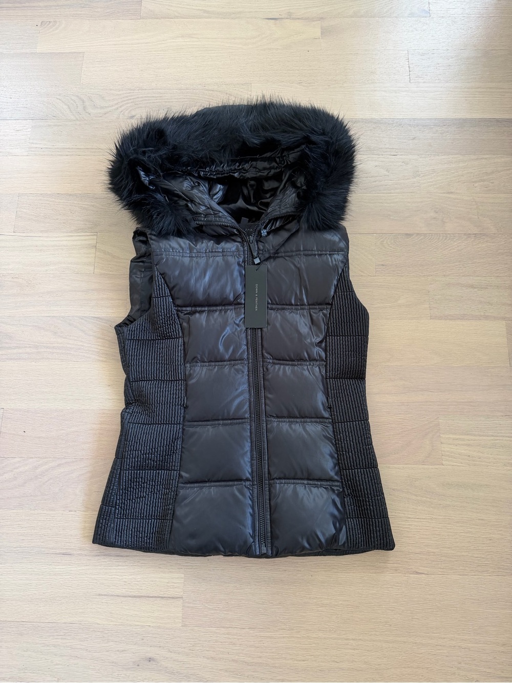 BCBGMaxAzria Black Quilted Sleeveless Puffer Vest with Faux Fur Hood